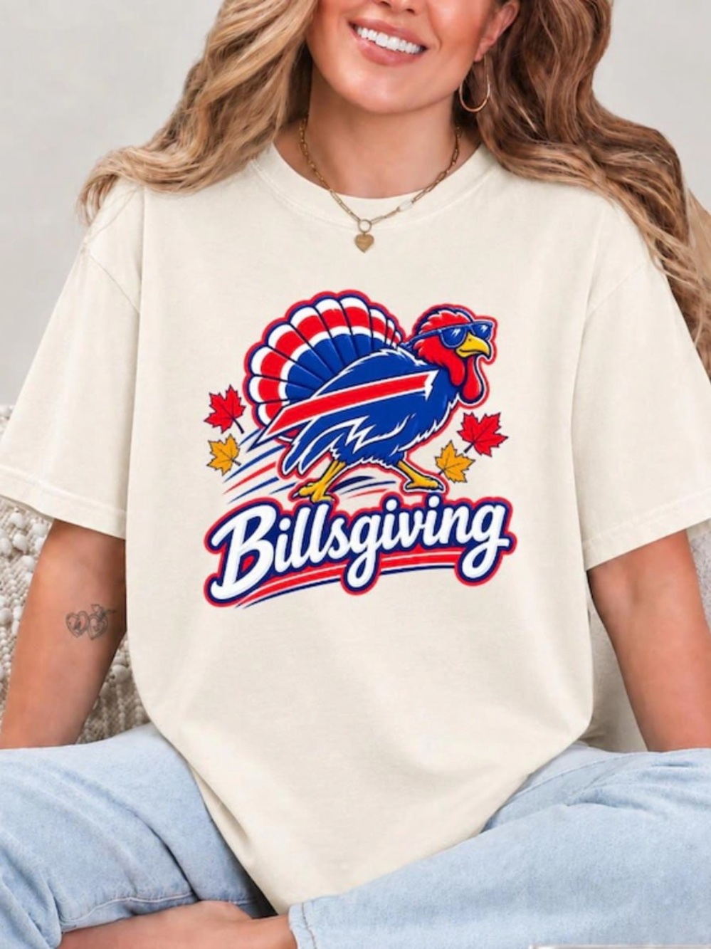 Cream Billsgiving Graphic Tee with Blue & Red Accents
